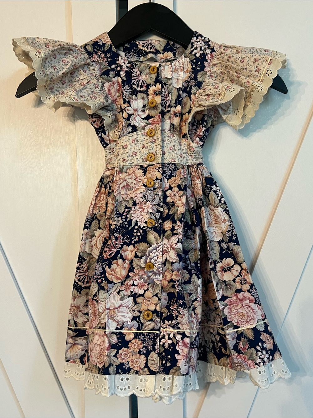 Navy Floral Ruffle Sleeve Dress for Girls